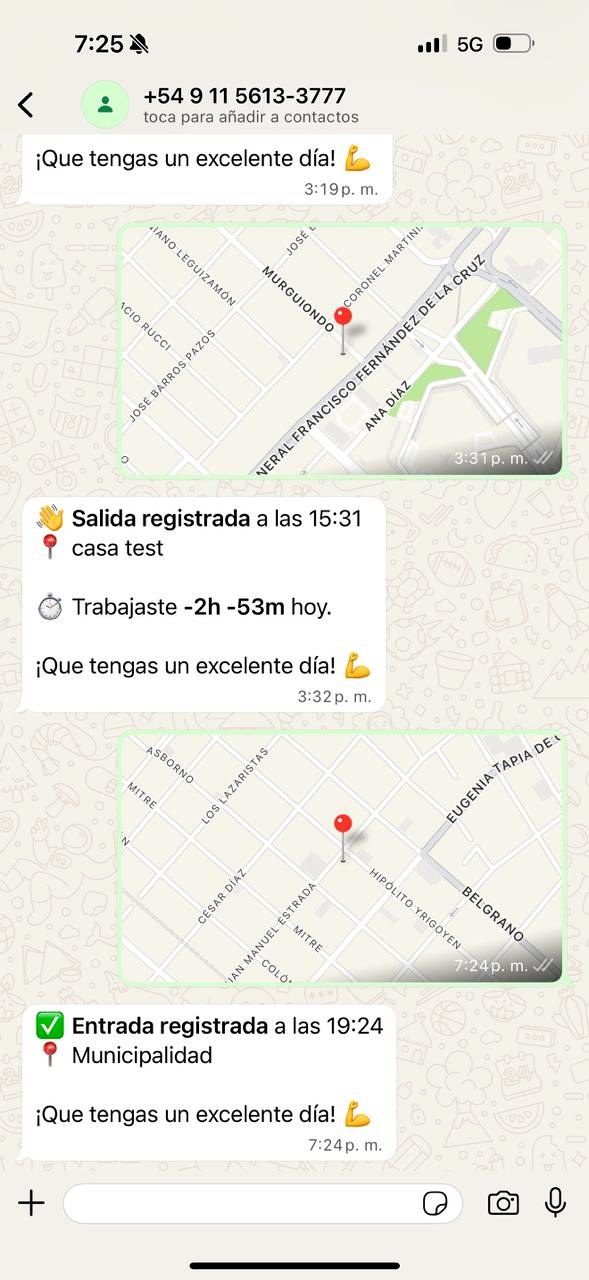 Fichada real por WhatsApp con GPS verificado